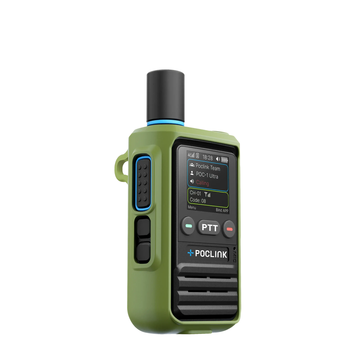 Green walkie-talkie with POCLINK branding on a white background