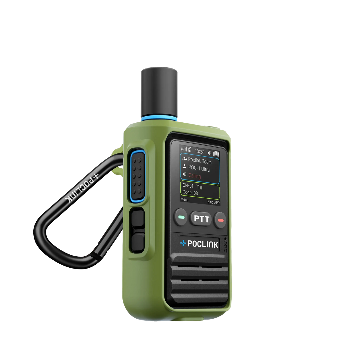 Green walkie-talkie with a carabiner on a white background