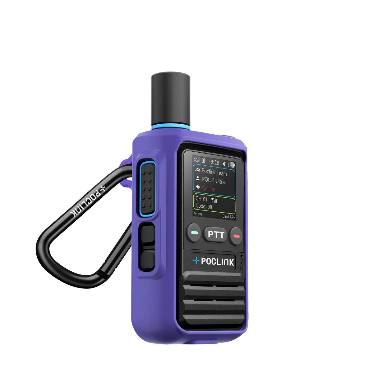 Purple walkie-talkie with a cable on a white background