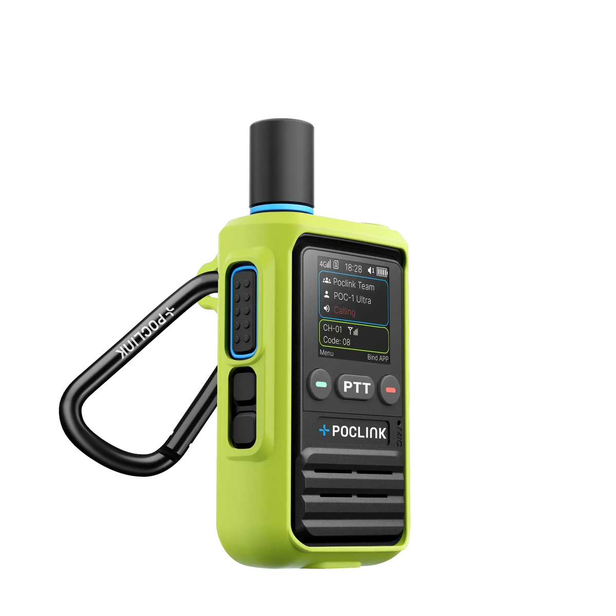 Green walkie-talkie with a carabiner on a white background