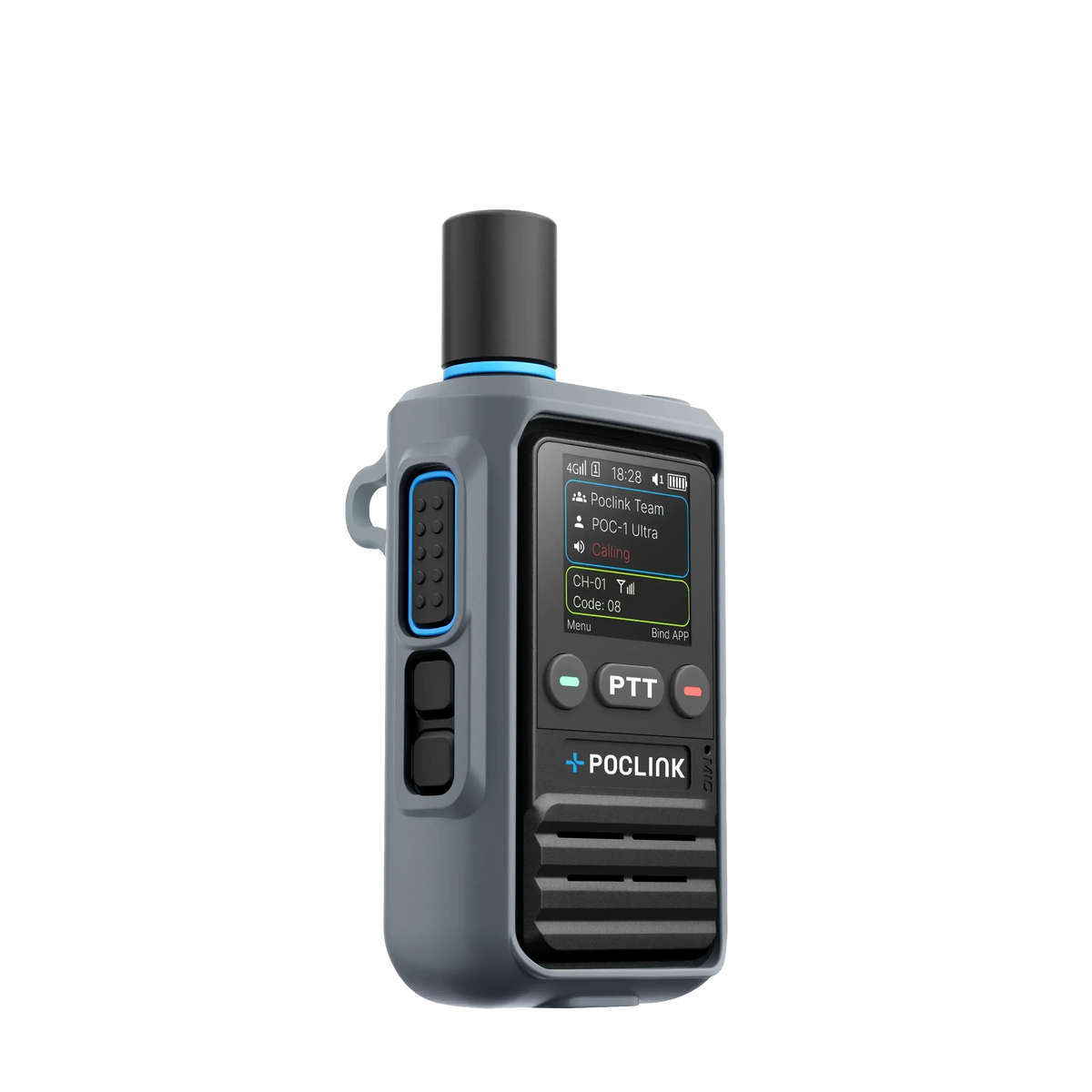 Gray and black walkie-talkie with screen and buttons on a white background