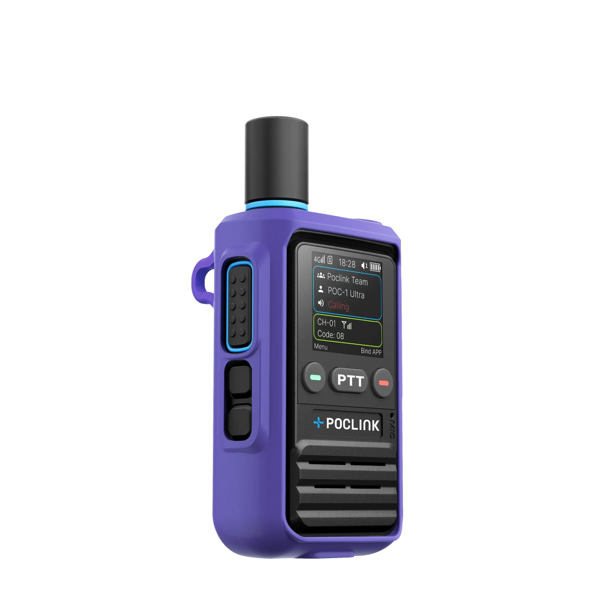Purple walkie-talkie with screen and buttons on a white background