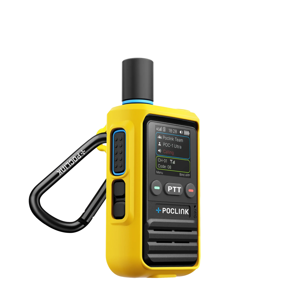 Yellow walkie-talkie with a black cable on a white background