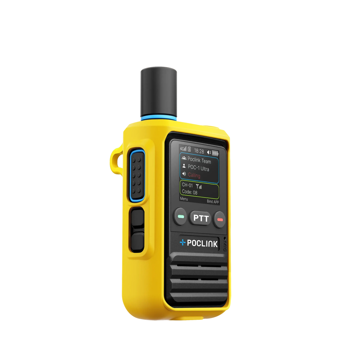 Yellow walkie-talkie with POCLINK branding on a white background