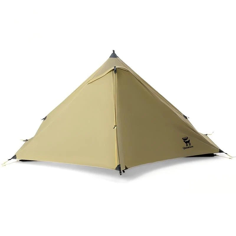 Beige pyramid tent with a brand logo on a white background