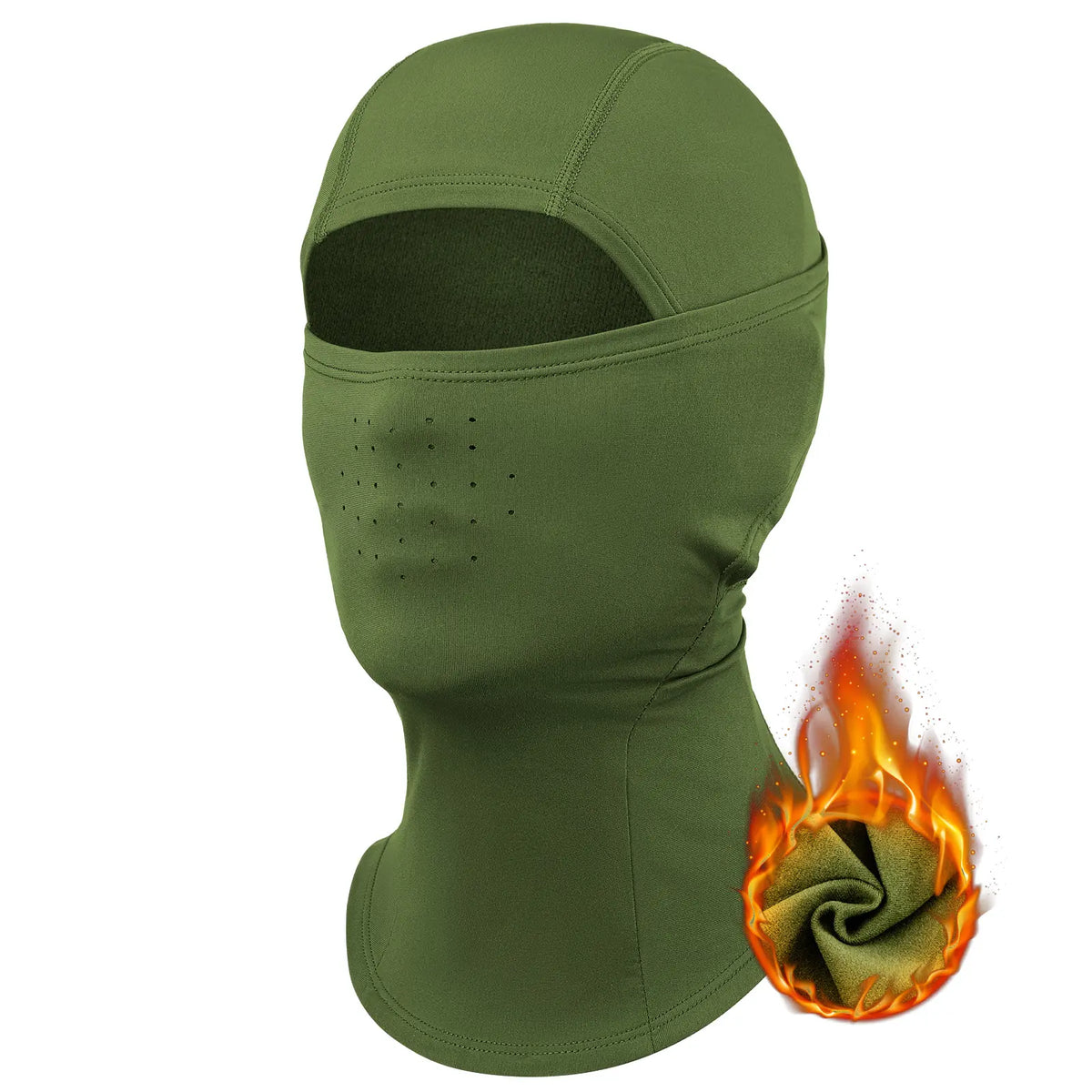 Green balaclava with flame graphic on a white background