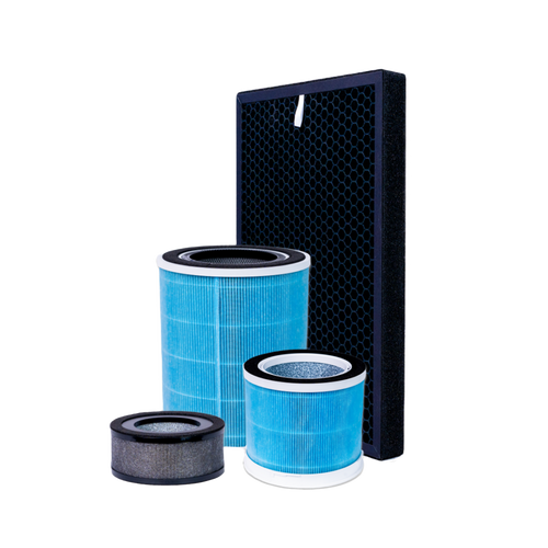 Set of air filter components on a white background
